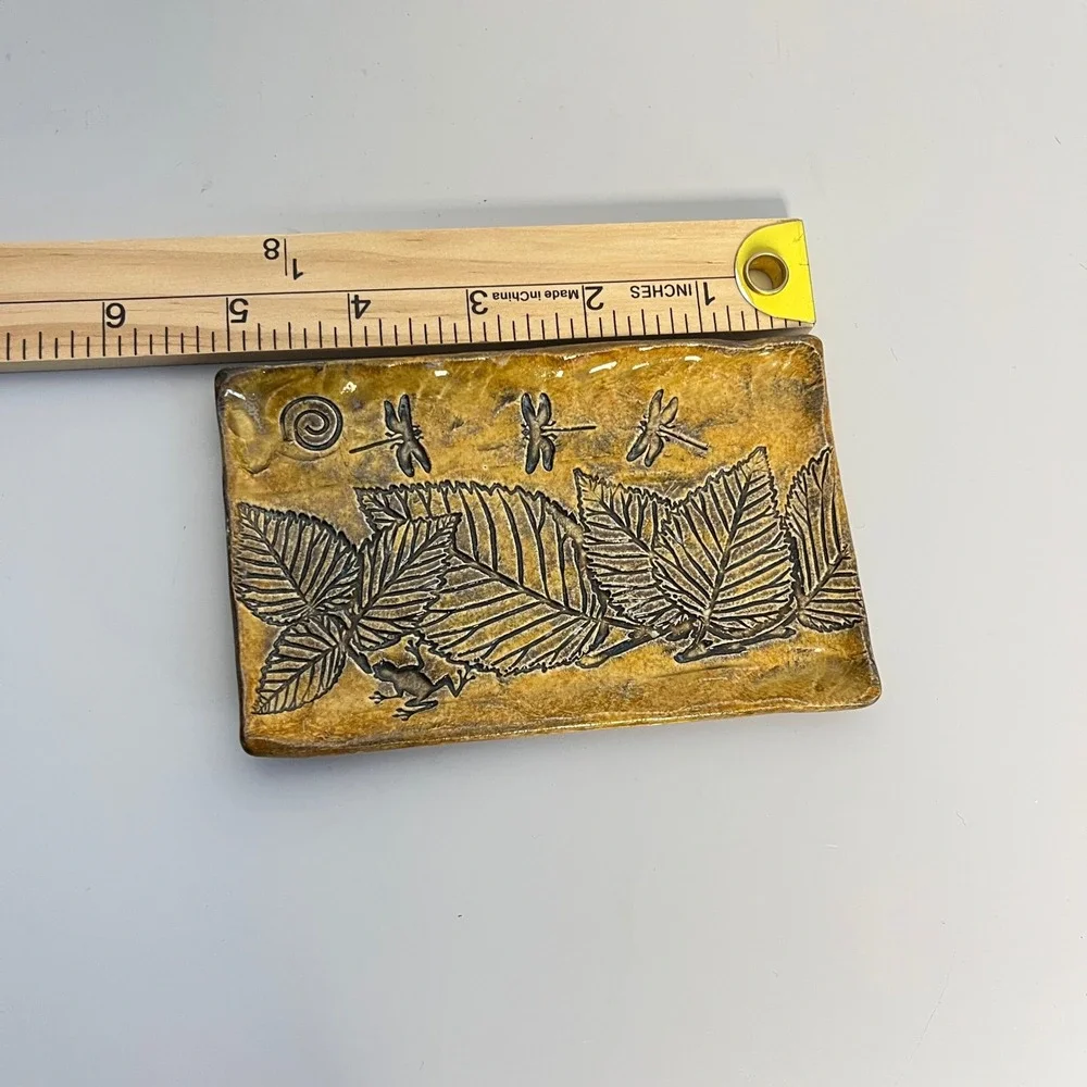 Dragonfly Leaf Ceramic Trinket Dish Yellow Brown Handmade‎ Studio Art